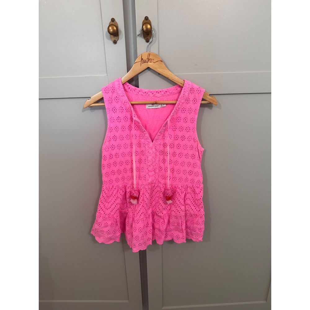 Vineyard Vines Womens Pink Eyelet Sleeveless Peplum Top Tassel Tie V-Neck XS